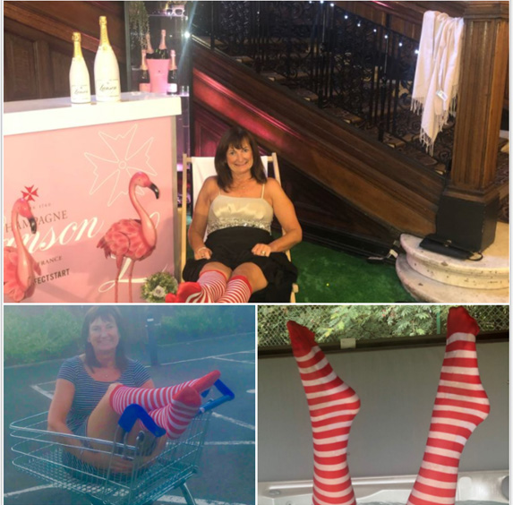 Fiona fundraising for Sepsis Research in Stripey Socks